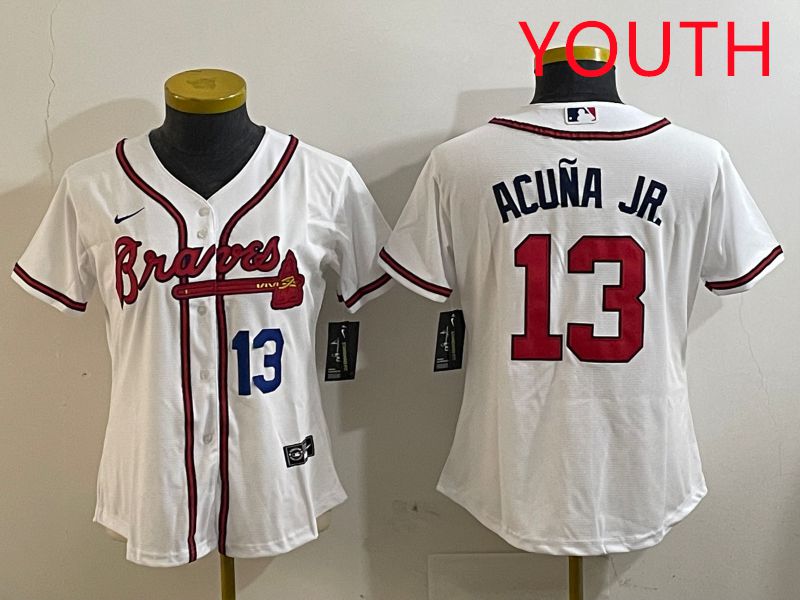 Youth Atlanta Braves #13 Acuna jr White Game 2025 Nike MLB Jersey style 2->women mlb jersey->Women Jersey
